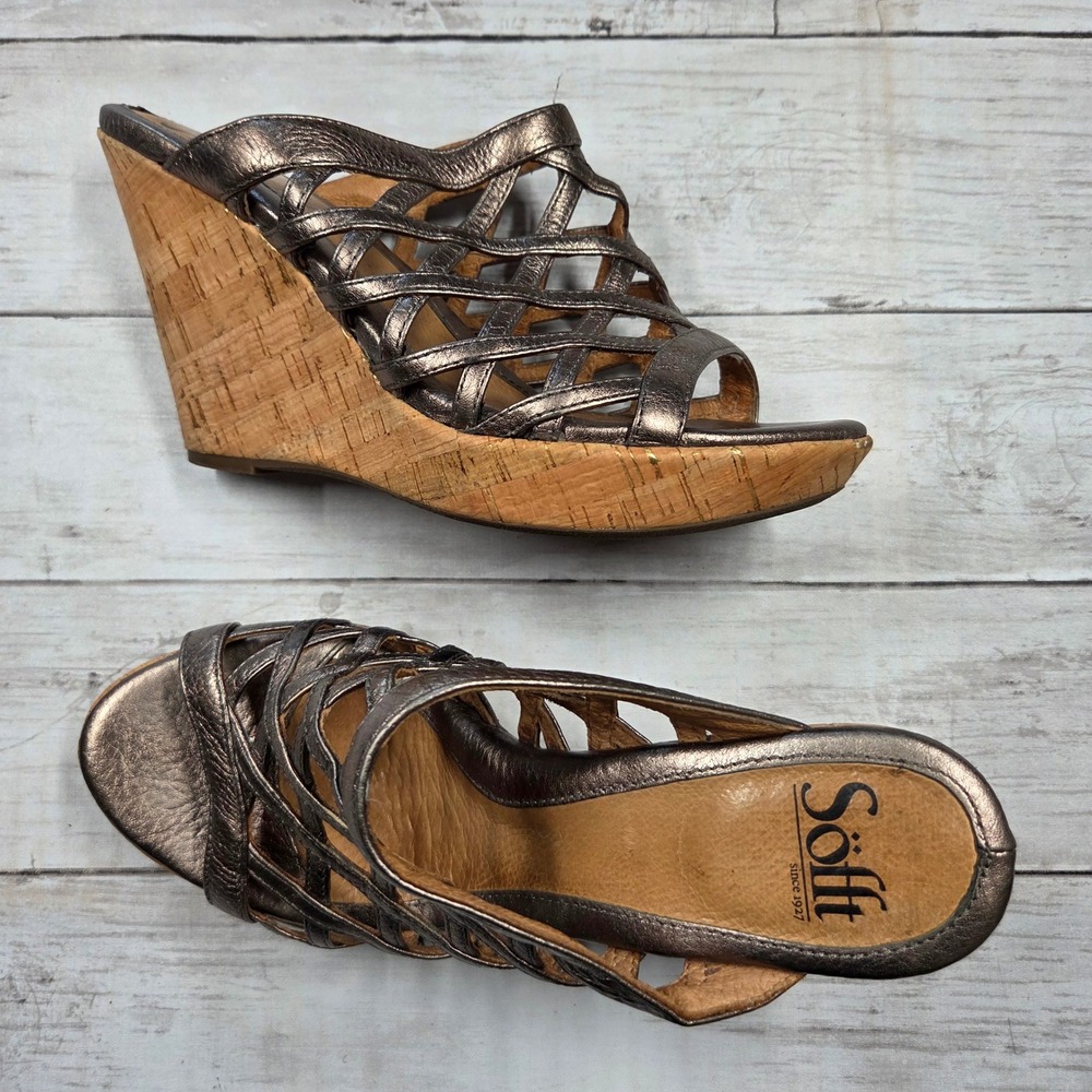 Sofft Wedge Sandals Womens 7.5 Bronze Metallic Strappy Cage Cork Platform Mule